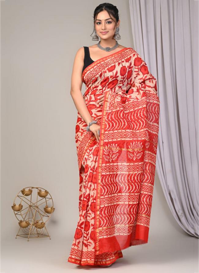 Chanderi Silk Red Casual Wear Printed Saree